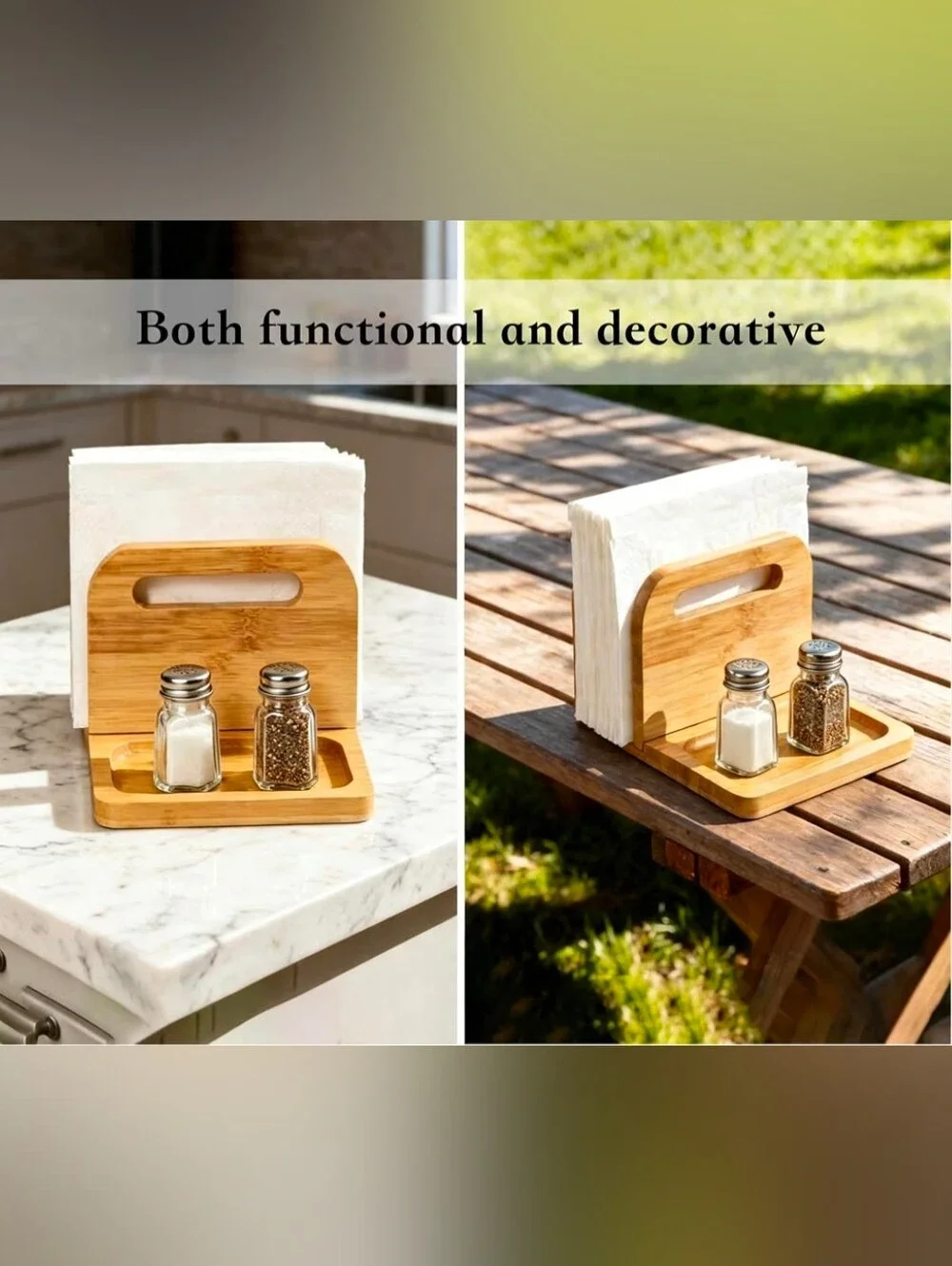 Napkin Holder for Table with Salt and Pepper, BambooStanding Holder for Kitchen.